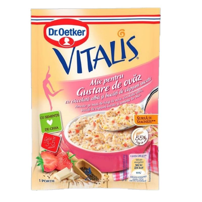 Gustare de ovaz cu ciocolata alba si capsuni Vitalis, 56g