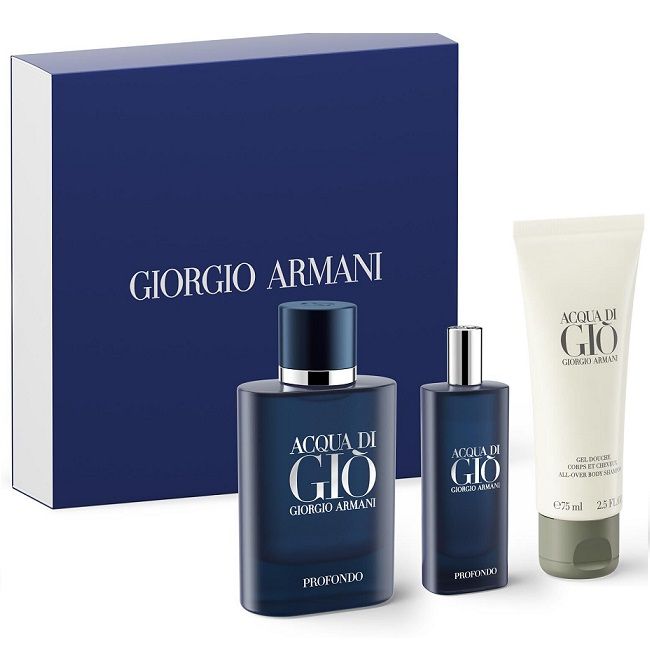 Set Apa de Parfum Giorgio Armani Acqua Di Gio Profondo 75 ml + 15 ml + 75 ml Gel de dus, Barbati